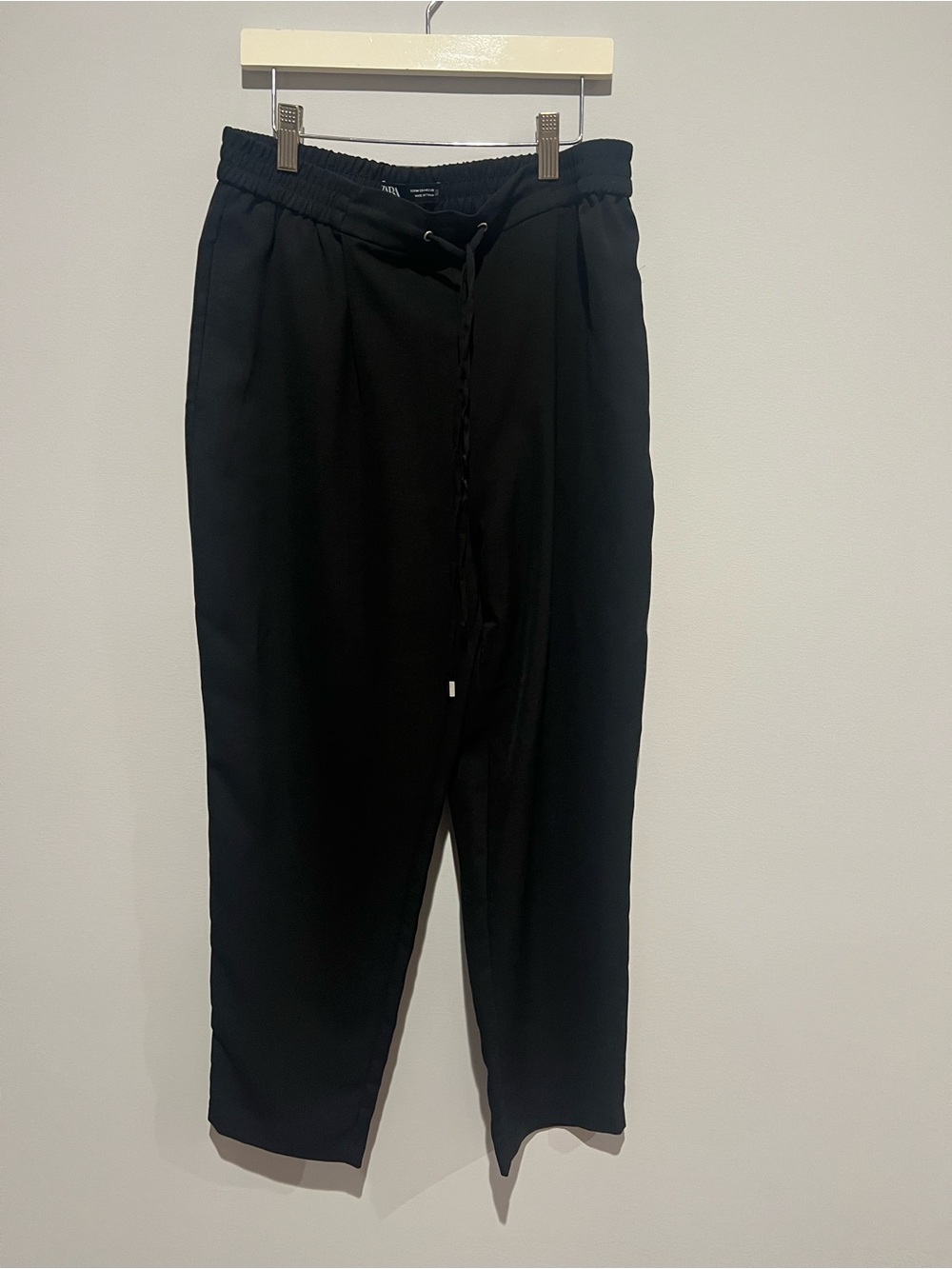 Womens Pleated Black Drawstring Tapered Pants